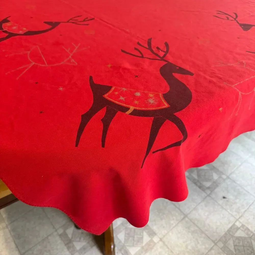 California Hand Prints Reindeer Tablecloth 52x66 Inches Red Christmas Cotton